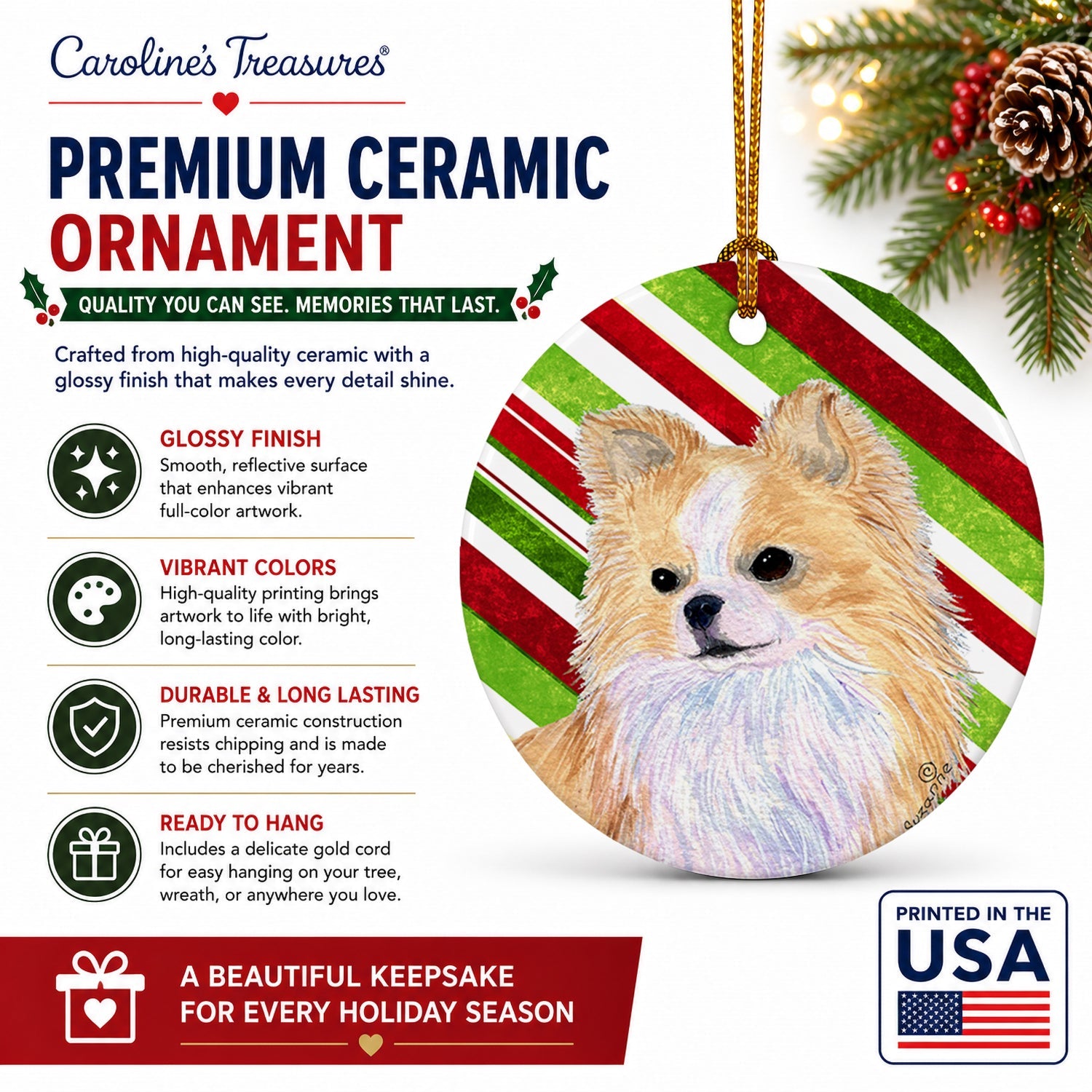 Chihuahua Candy Cane Holiday Christmas Ceramic Ornament Christmas Tree Hanging Decorations for Home Christmas Holiday, Party, Gift, 3 in, Multicolor