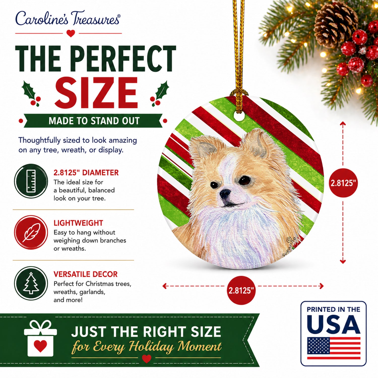 Chihuahua Candy Cane Holiday Christmas Ceramic Ornament Christmas Tree Hanging Decorations for Home Christmas Holiday, Party, Gift, 3 in, Multicolor