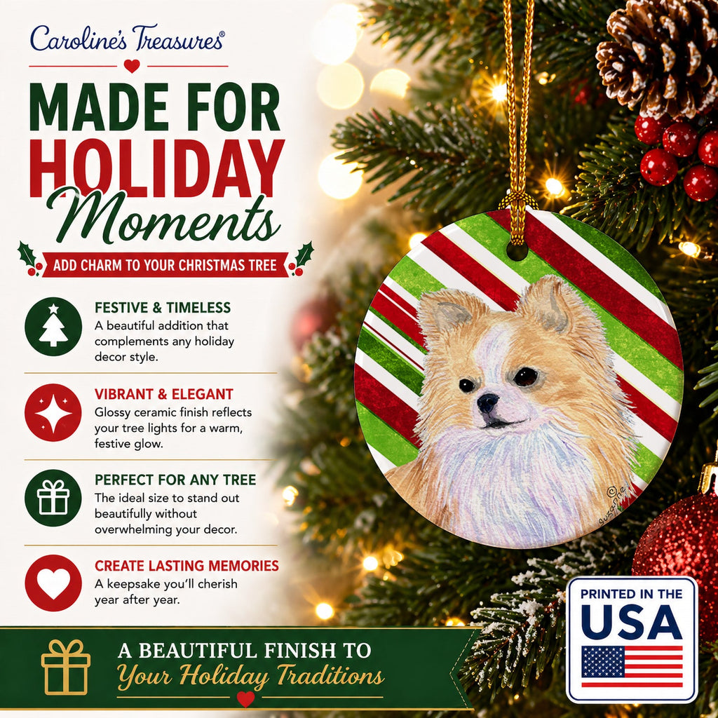 Chihuahua Candy Cane Holiday Christmas Ceramic Ornament Christmas Tree Hanging Decorations for Home Christmas Holiday, Party, Gift, 3 in, Multicolor