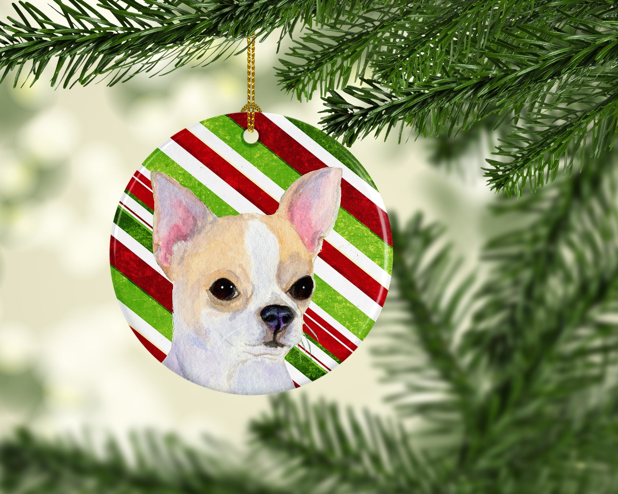 Chihuahua Candy Cane Holiday Christmas Ceramic Ornament Christmas Tree Hanging Decorations for Home Christmas Holiday, Party, Gift, 3 in, Multicolor