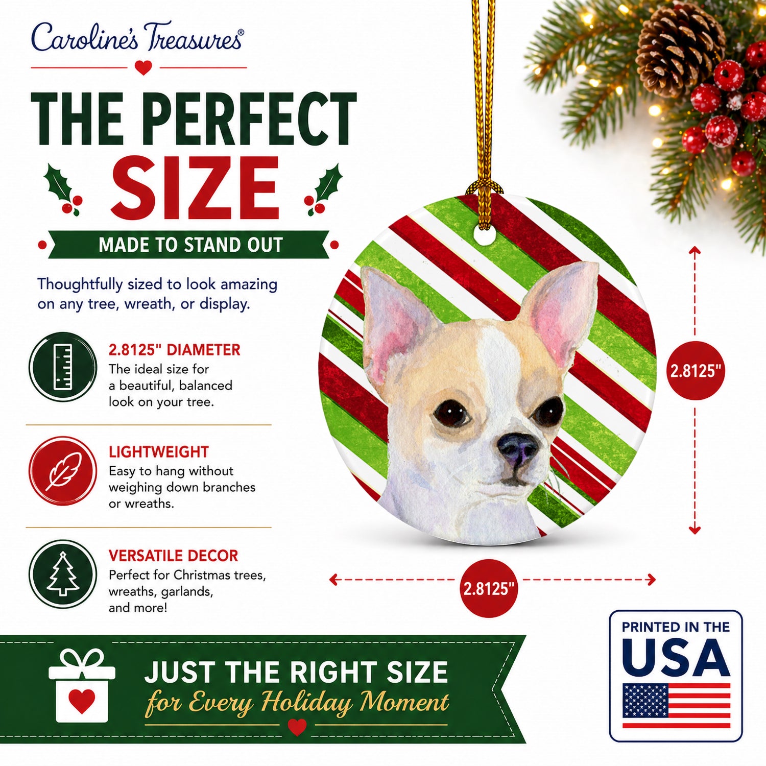 Chihuahua Candy Cane Holiday Christmas Ceramic Ornament Christmas Tree Hanging Decorations for Home Christmas Holiday, Party, Gift, 3 in, Multicolor