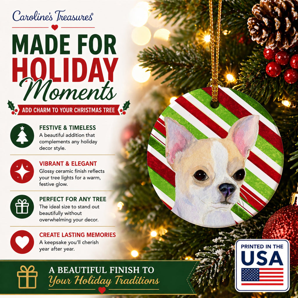 Chihuahua Candy Cane Holiday Christmas Ceramic Ornament Christmas Tree Hanging Decorations for Home Christmas Holiday, Party, Gift, 3 in, Multicolor