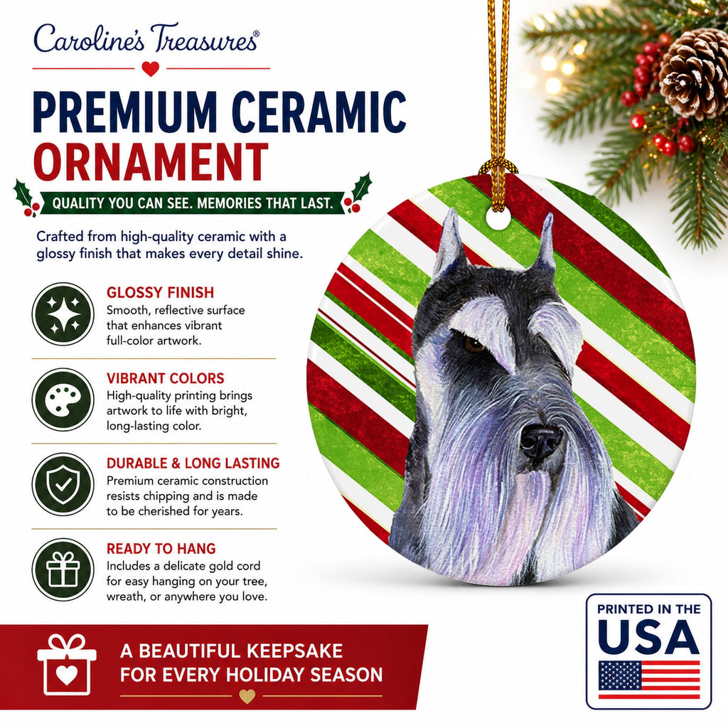 Schnauzer Candy Cane Holiday Christmas Ceramic Ornament Christmas Tree Hanging Decorations for Home Christmas Holiday, Party, Gift, 3 in, Multicolor