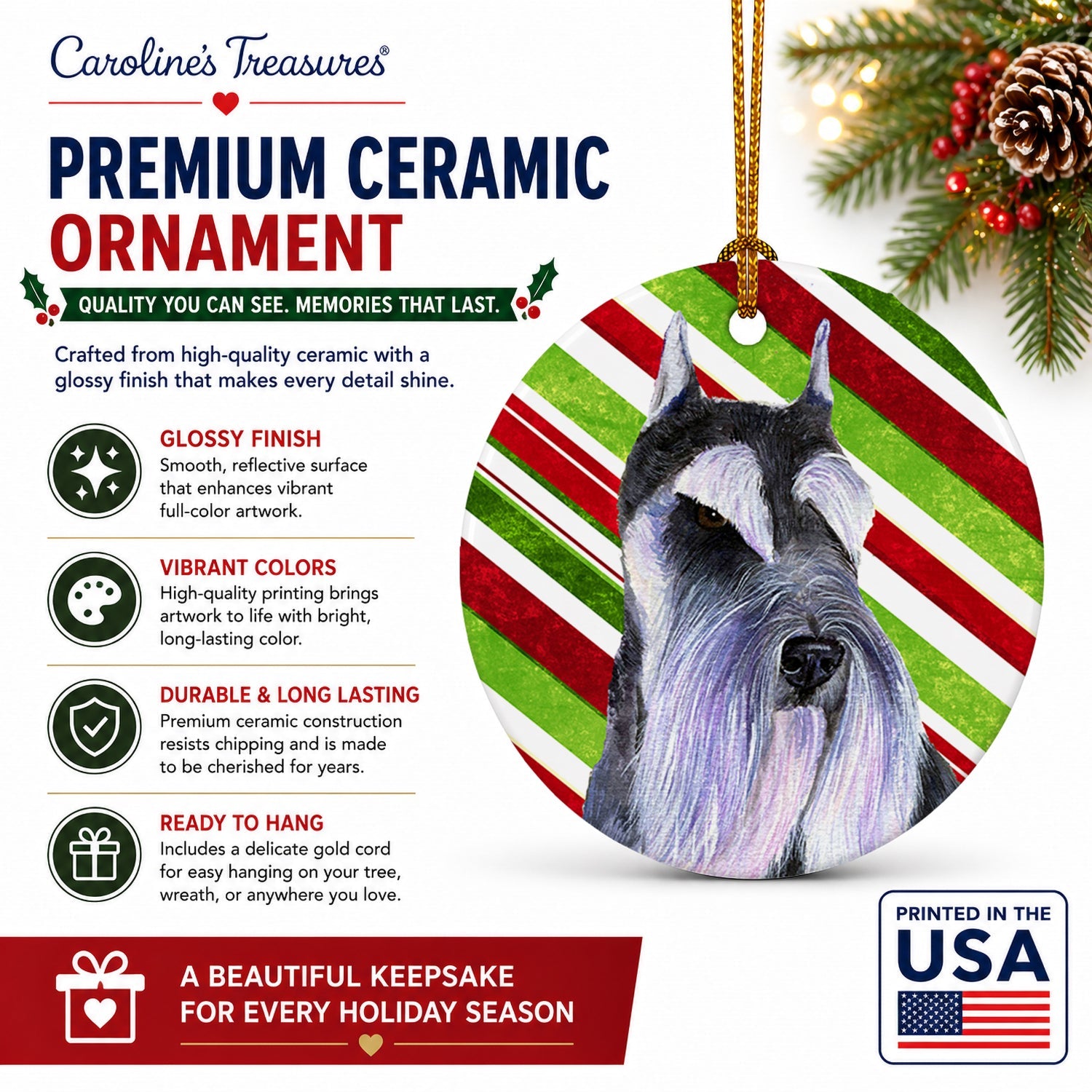 Schnauzer Candy Cane Holiday Christmas Ceramic Ornament Christmas Tree Hanging Decorations for Home Christmas Holiday, Party, Gift, 3 in, Multicolor