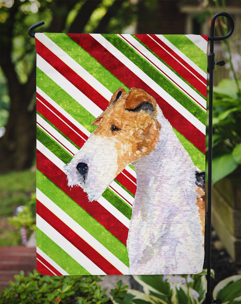 Fox Terrier Candy Cane Holiday Christmas Garden Flag Mailbox Decorative Yard Banner Outside Patio Artwork for Flower Beds, Garden Size, Multicolor