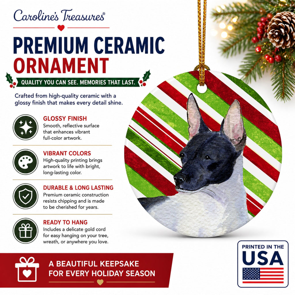 Rat Terrier Candy Cane Holiday Christmas Ceramic Ornament Christmas Tree Hanging Decorations for Home Christmas Holiday, Party, Gift, 3 in, Multicolor