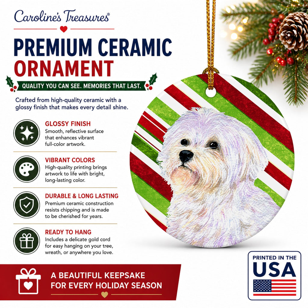 Maltese Candy Cane Holiday Christmas Ceramic Ornament Christmas Tree Hanging Decorations for Home Christmas Holiday, Party, Gift, 3 in, Multicolor