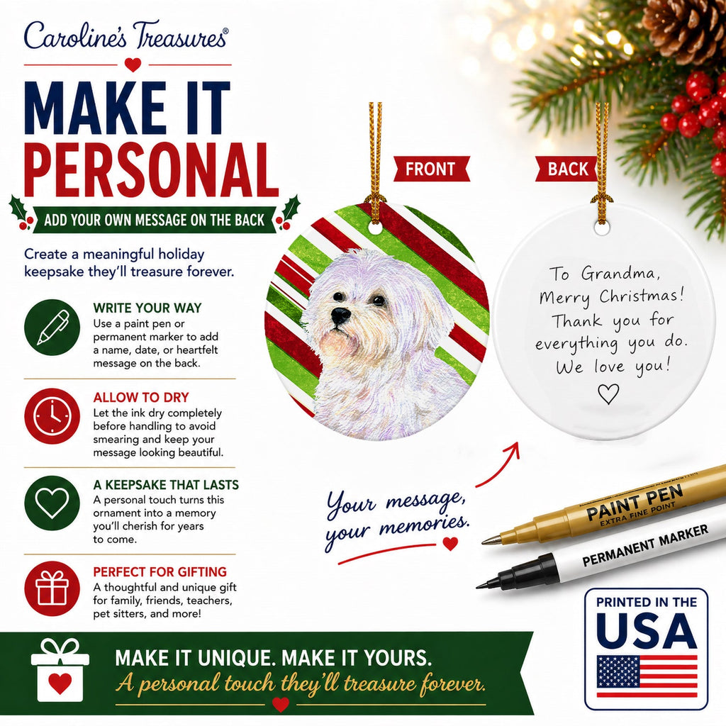 Maltese Candy Cane Holiday Christmas Ceramic Ornament Christmas Tree Hanging Decorations for Home Christmas Holiday, Party, Gift, 3 in, Multicolor