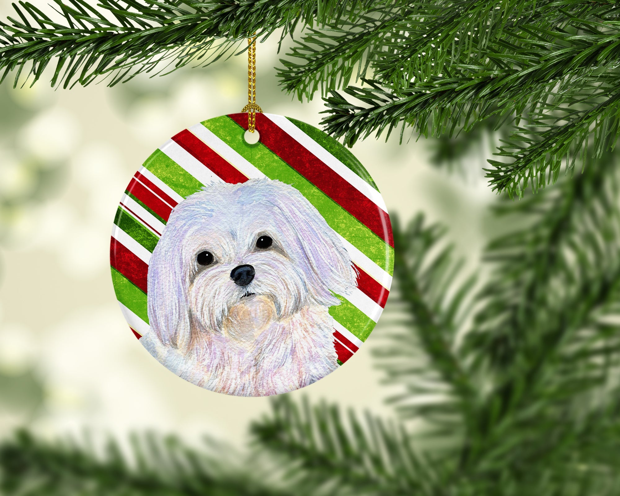 Maltese Candy Cane Holiday Christmas Ceramic Ornament Christmas Tree Hanging Decorations for Home Christmas Holiday, Party, Gift, 3 in, Multicolor