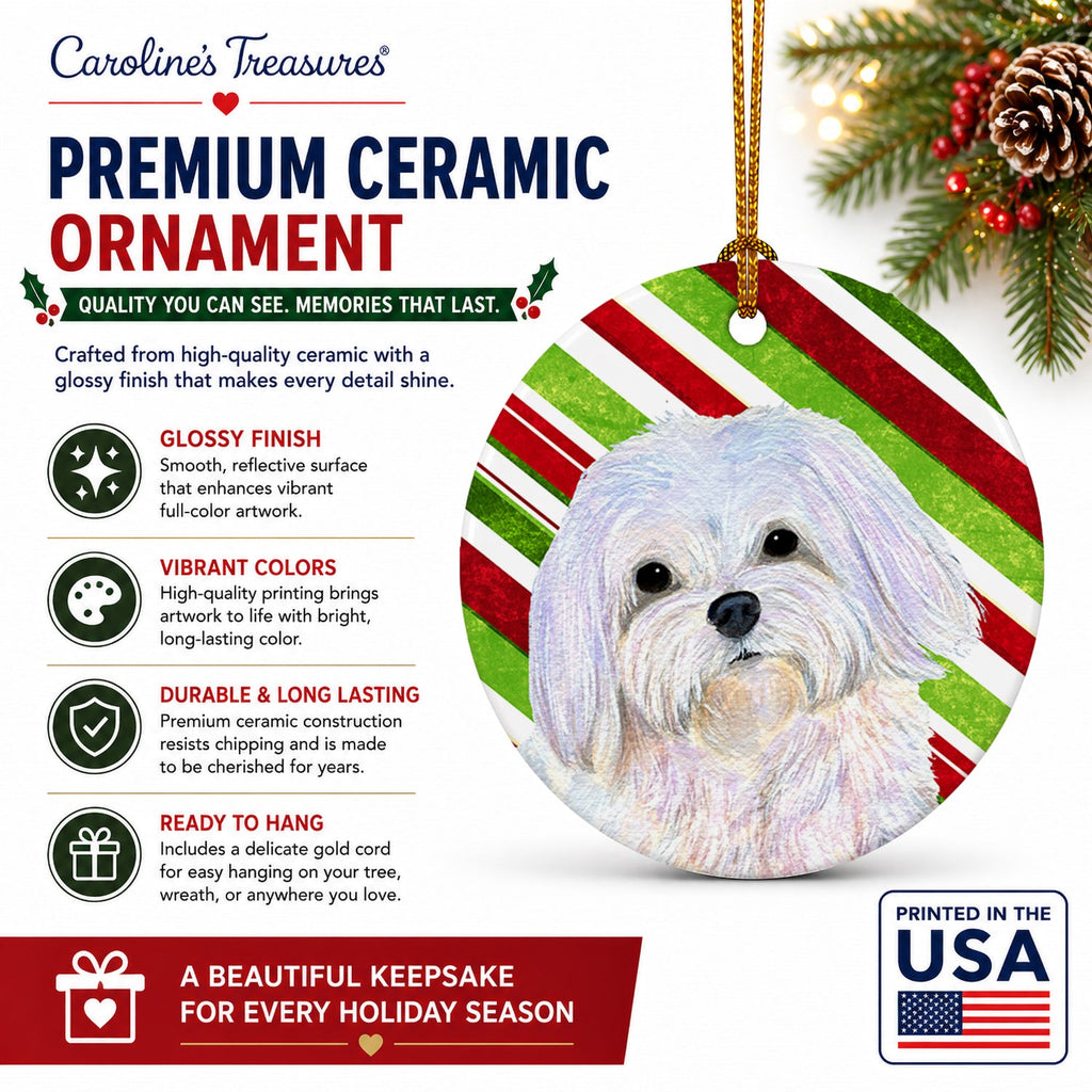 Maltese Candy Cane Holiday Christmas Ceramic Ornament Christmas Tree Hanging Decorations for Home Christmas Holiday, Party, Gift, 3 in, Multicolor