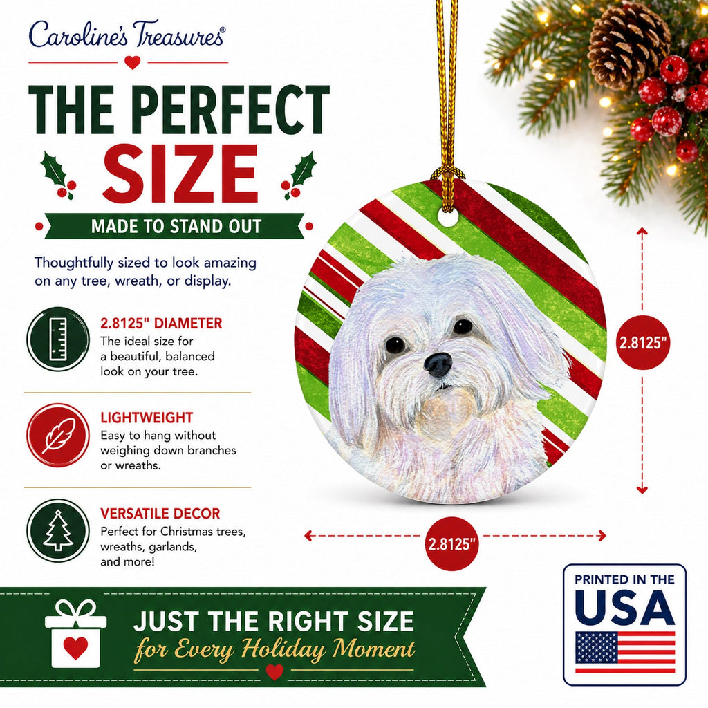 Maltese Candy Cane Holiday Christmas Ceramic Ornament Christmas Tree Hanging Decorations for Home Christmas Holiday, Party, Gift, 3 in, Multicolor