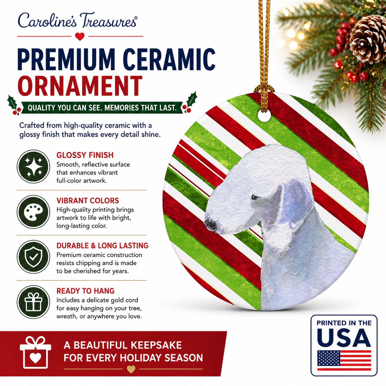 Bedlington Terrier Candy Cane Holiday Christmas Ceramic Ornament Christmas Tree Hanging Decorations for Home Christmas Holiday, Party, Gift, 3 in, Multicolor