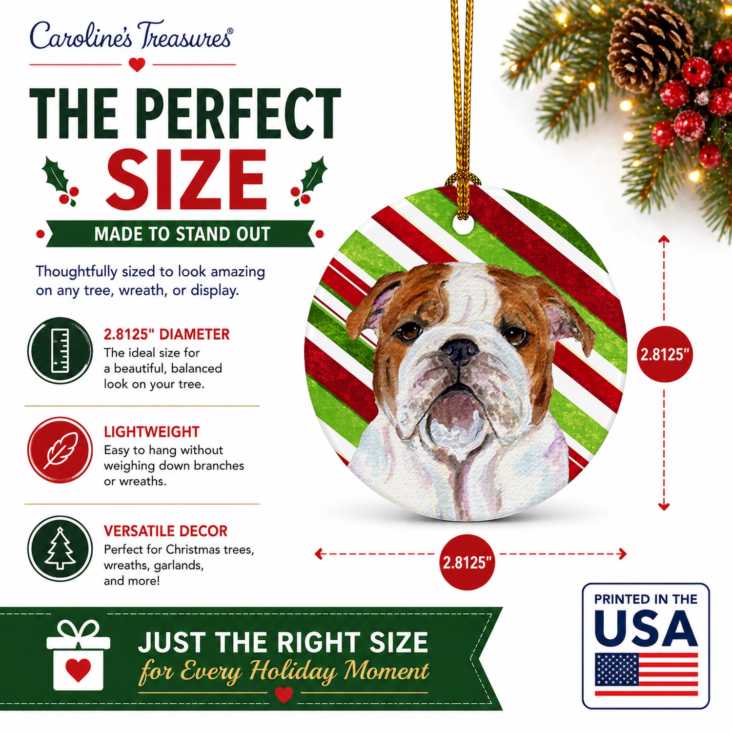 Bulldog English Candy Cane Holiday Christmas Ceramic Ornament Christmas Tree Hanging Decorations for Home Christmas Holiday, Party, Gift, 3 in, Multicolor