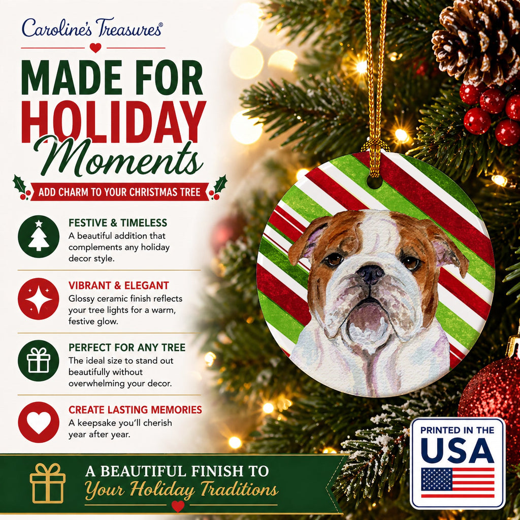 Bulldog English Candy Cane Holiday Christmas Ceramic Ornament Christmas Tree Hanging Decorations for Home Christmas Holiday, Party, Gift, 3 in, Multicolor