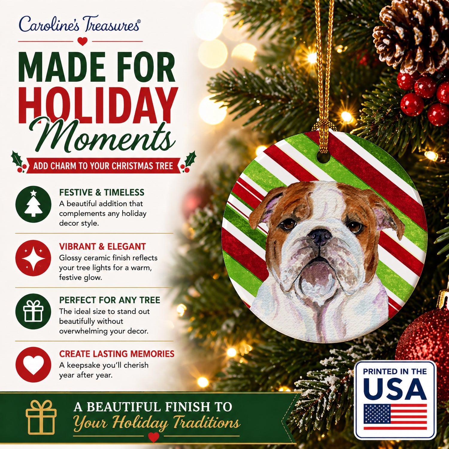 Bulldog English Candy Cane Holiday Christmas Ceramic Ornament Christmas Tree Hanging Decorations for Home Christmas Holiday, Party, Gift, 3 in, Multicolor