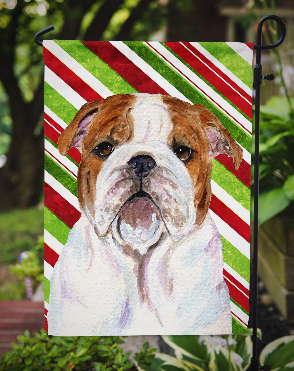 Bulldog English Candy Cane Holiday Christmas Garden Flag Mailbox Decorative Yard Banner Outside Patio Artwork for Flower Beds, Garden Size, Multicolor