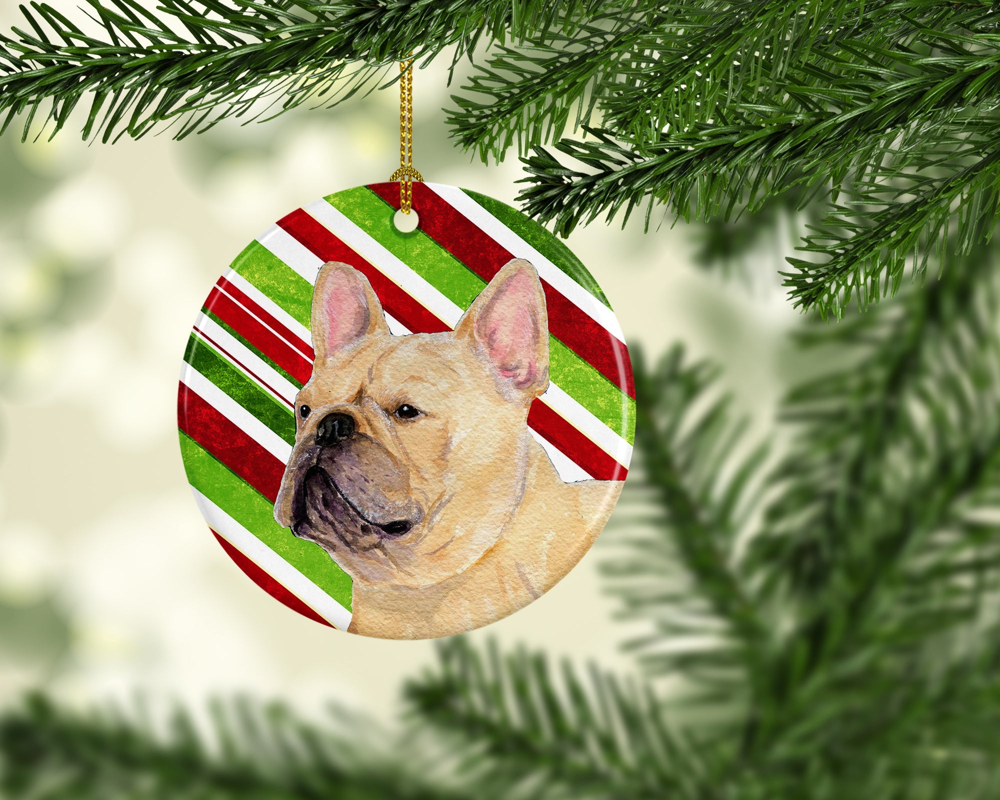 French Bulldog Candy Cane Holiday Christmas Ceramic Ornament Christmas Tree Hanging Decorations for Home Christmas Holiday, Party, Gift, 3 in, Multicolor