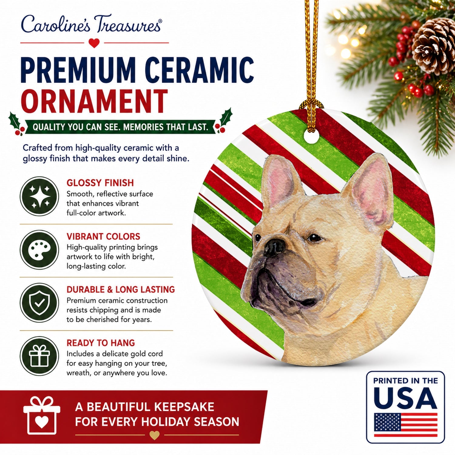 French Bulldog Candy Cane Holiday Christmas Ceramic Ornament Christmas Tree Hanging Decorations for Home Christmas Holiday, Party, Gift, 3 in, Multicolor