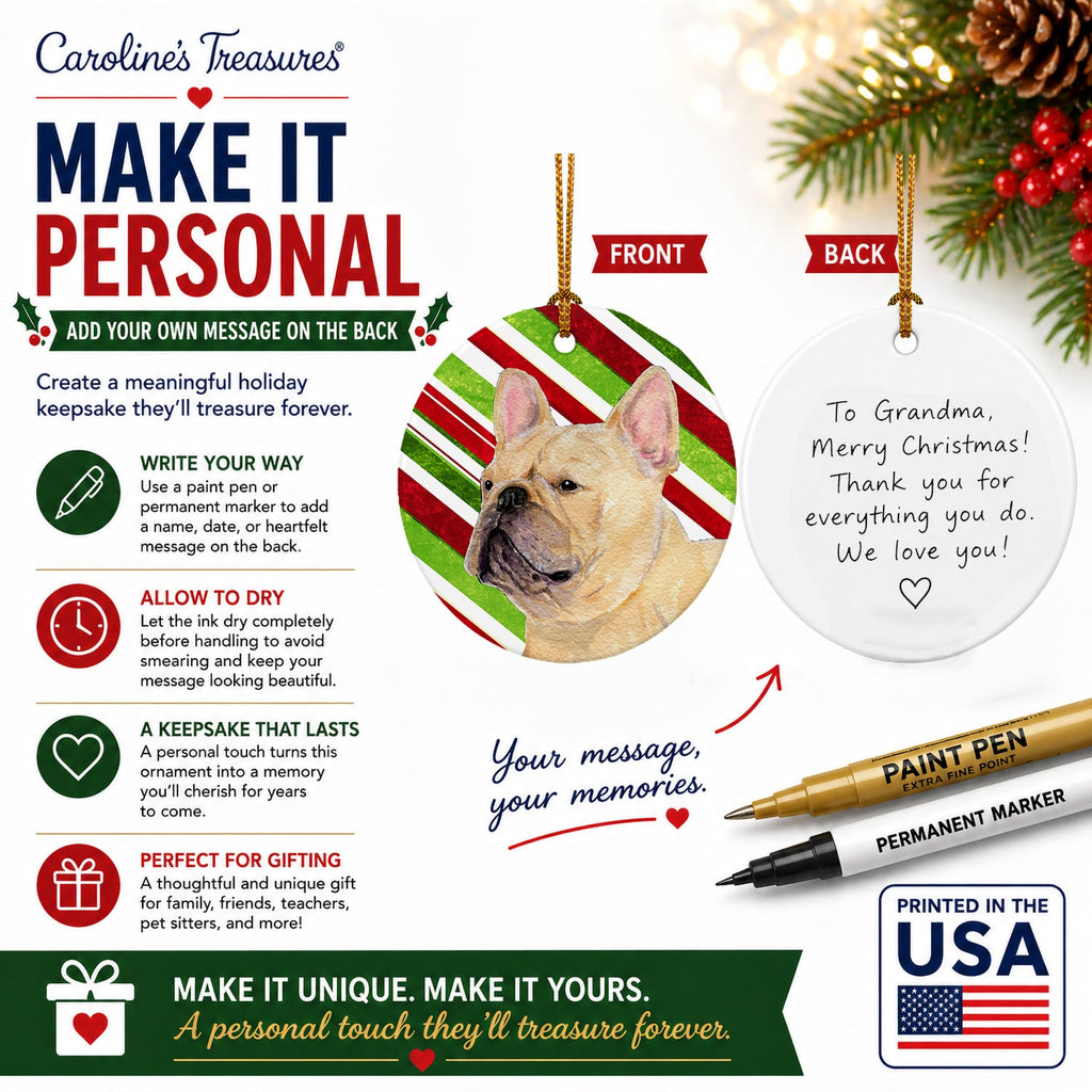 French Bulldog Candy Cane Holiday Christmas Ceramic Ornament Christmas Tree Hanging Decorations for Home Christmas Holiday, Party, Gift, 3 in, Multicolor