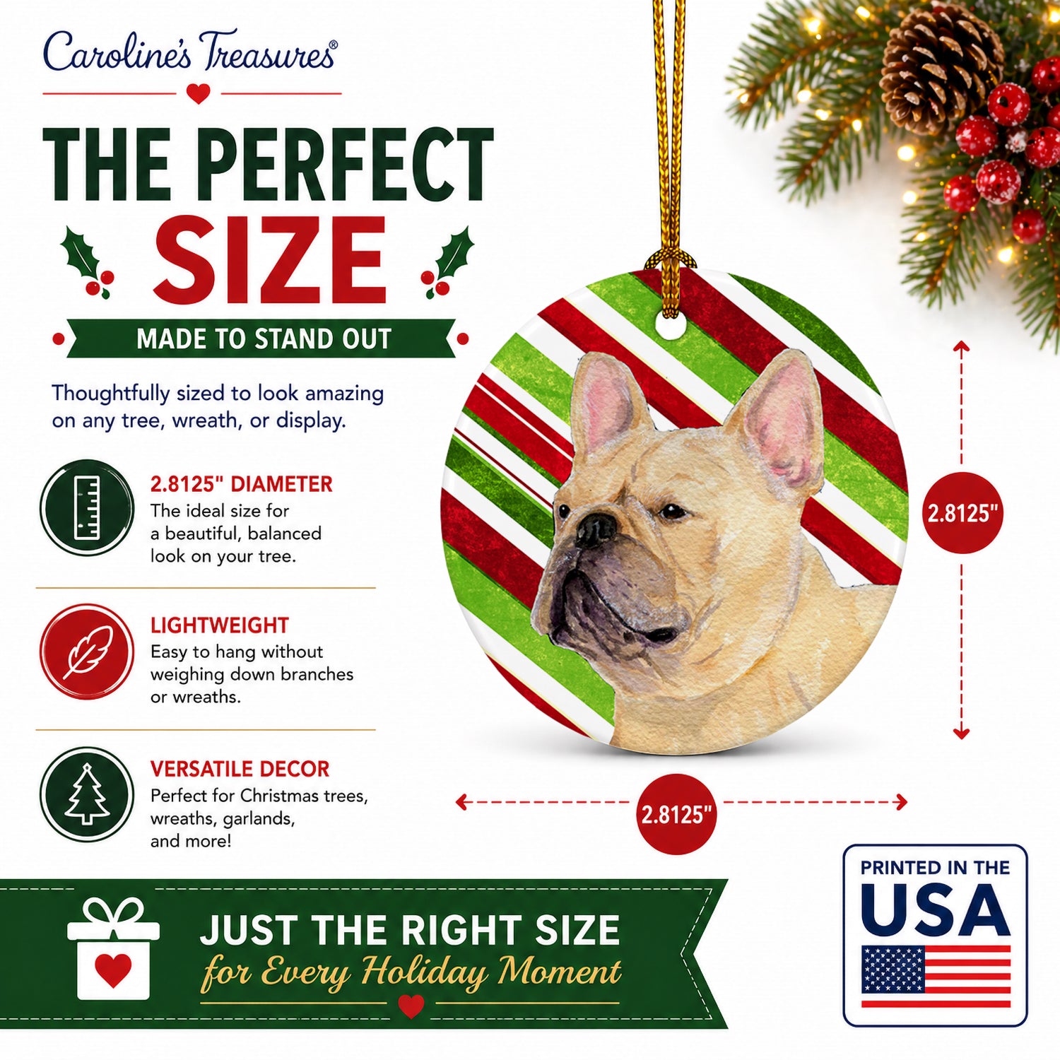 French Bulldog Candy Cane Holiday Christmas Ceramic Ornament Christmas Tree Hanging Decorations for Home Christmas Holiday, Party, Gift, 3 in, Multicolor