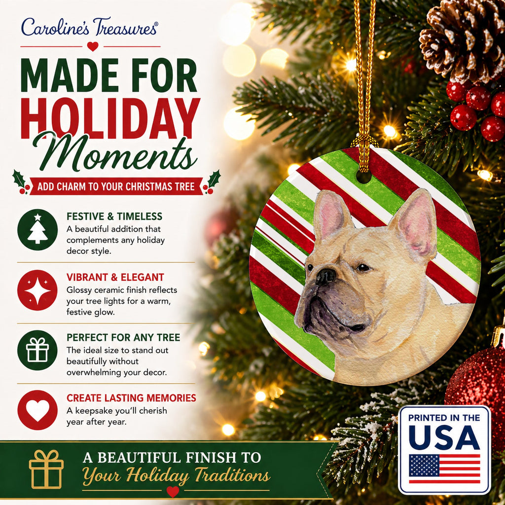 French Bulldog Candy Cane Holiday Christmas Ceramic Ornament Christmas Tree Hanging Decorations for Home Christmas Holiday, Party, Gift, 3 in, Multicolor
