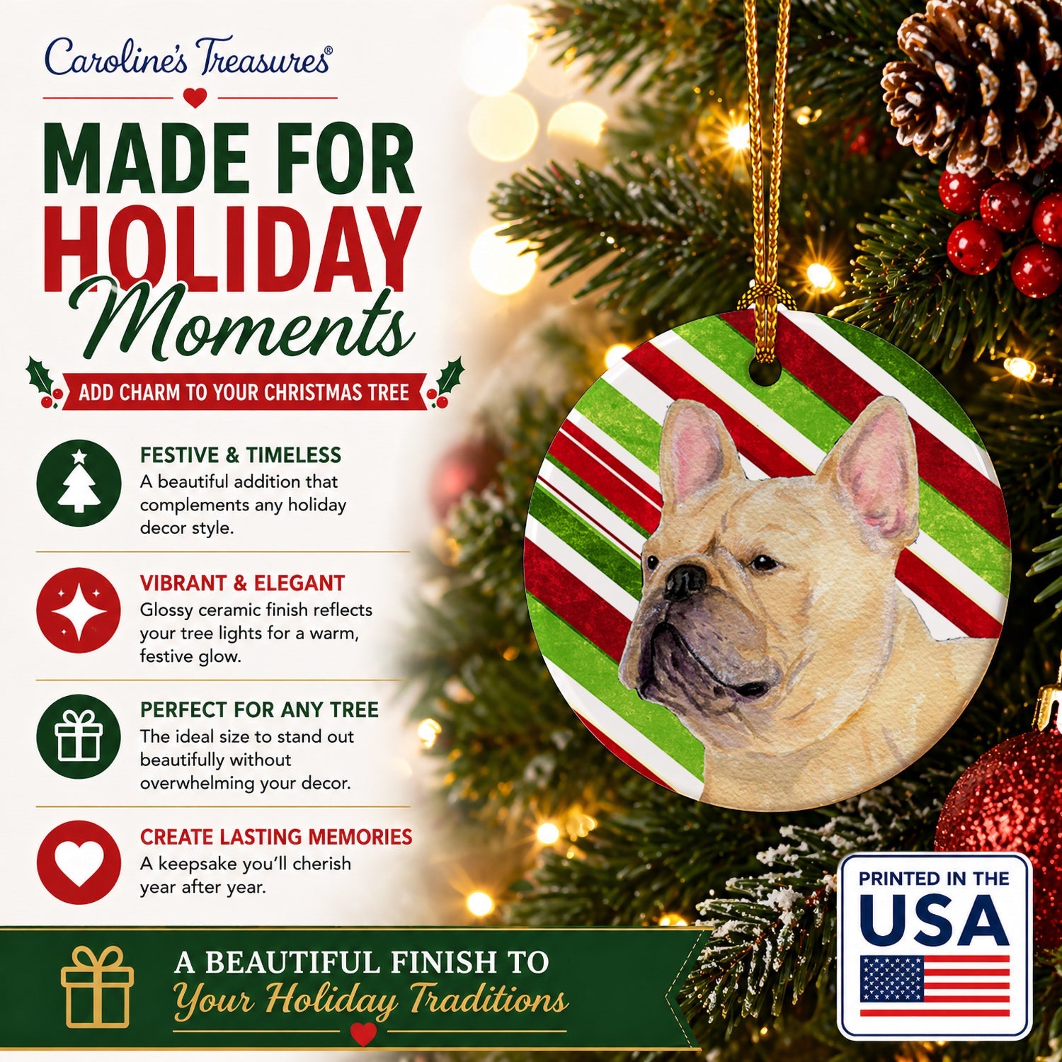 French Bulldog Candy Cane Holiday Christmas Ceramic Ornament Christmas Tree Hanging Decorations for Home Christmas Holiday, Party, Gift, 3 in, Multicolor