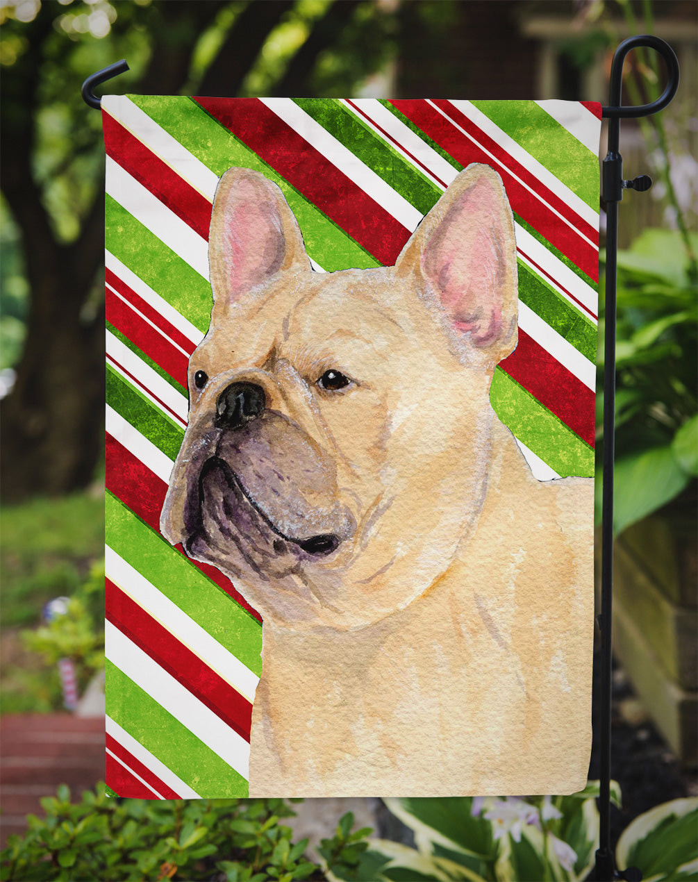 French Bulldog Candy Cane Holiday Christmas Garden Flag Mailbox Decorative Yard Banner Outside Patio Artwork for Flower Beds, Garden Size, Multicolor