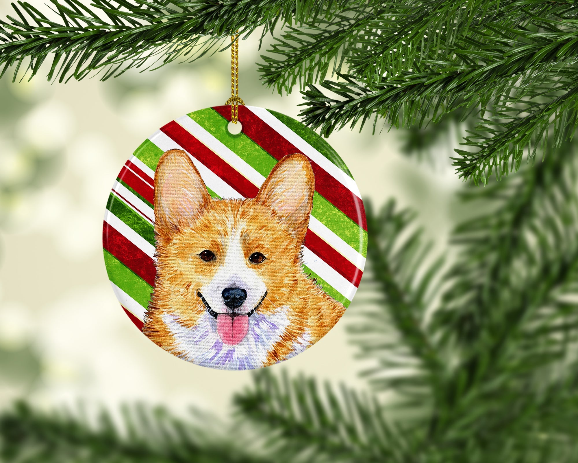 Corgi Candy Cane Holiday Christmas Ceramic Ornament Christmas Tree Hanging Decorations for Home Christmas Holiday, Party, Gift, 3 in, Multicolor
