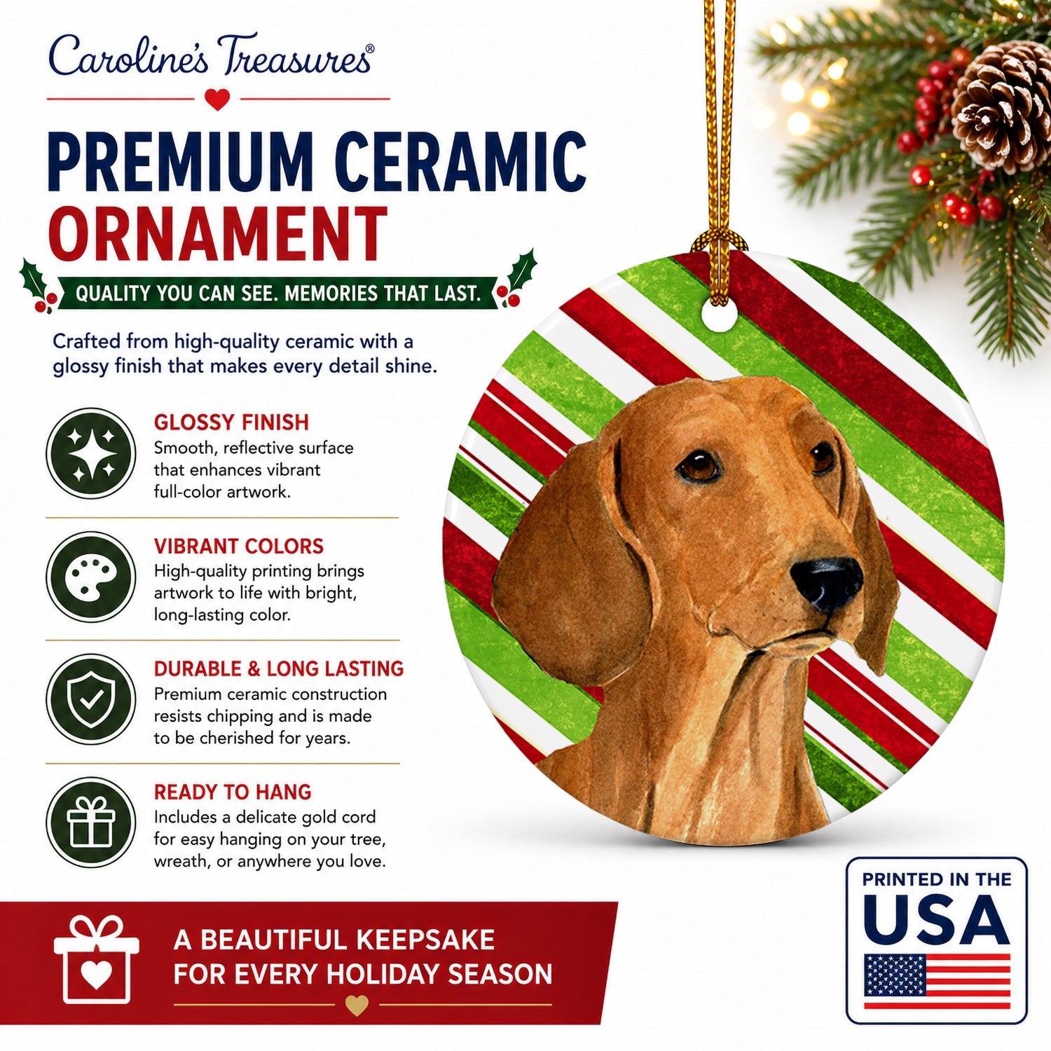 Dachshund Candy Cane Holiday Christmas Ceramic Ornament Christmas Tree Hanging Decorations for Home Christmas Holiday, Party, Gift, 3 in, Multicolor