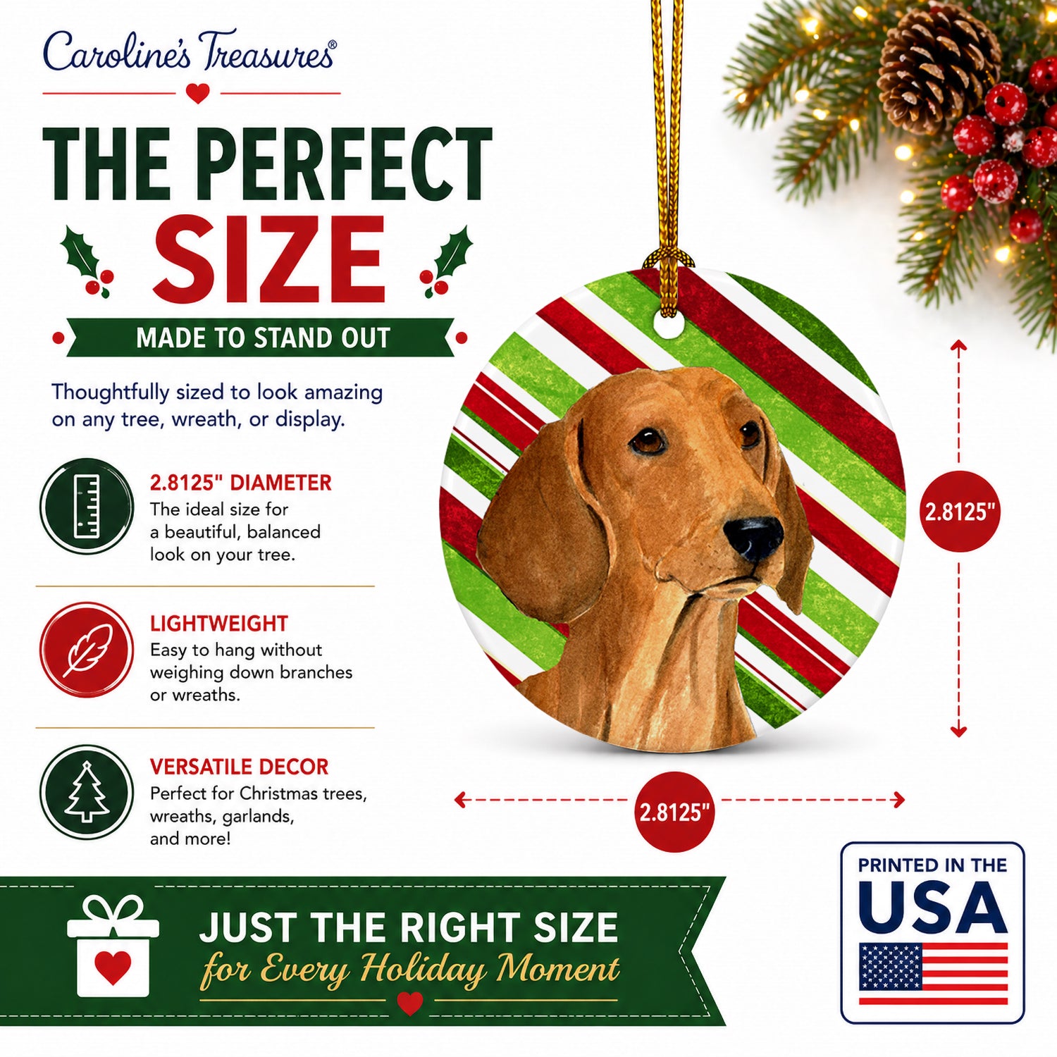 Dachshund Candy Cane Holiday Christmas Ceramic Ornament Christmas Tree Hanging Decorations for Home Christmas Holiday, Party, Gift, 3 in, Multicolor