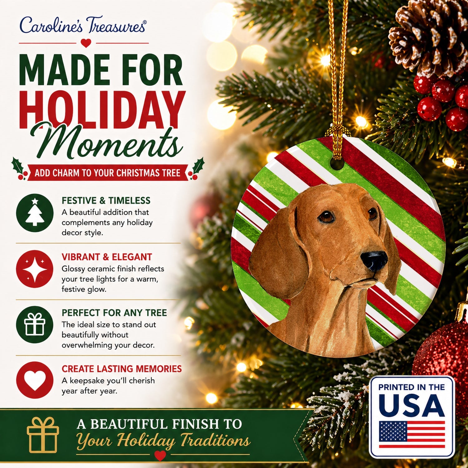 Dachshund Candy Cane Holiday Christmas Ceramic Ornament Christmas Tree Hanging Decorations for Home Christmas Holiday, Party, Gift, 3 in, Multicolor