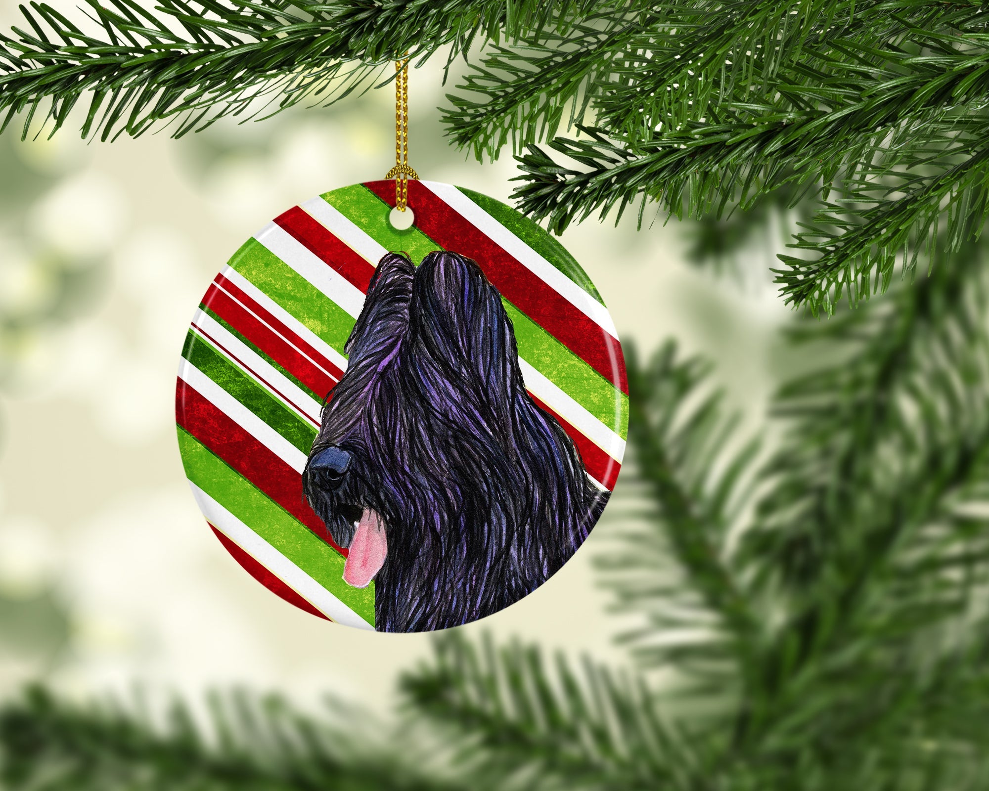 Briard Candy Cane Holiday Christmas Ceramic Ornament Christmas Tree Hanging Decorations for Home Christmas Holiday, Party, Gift, 3 in, Multicolor