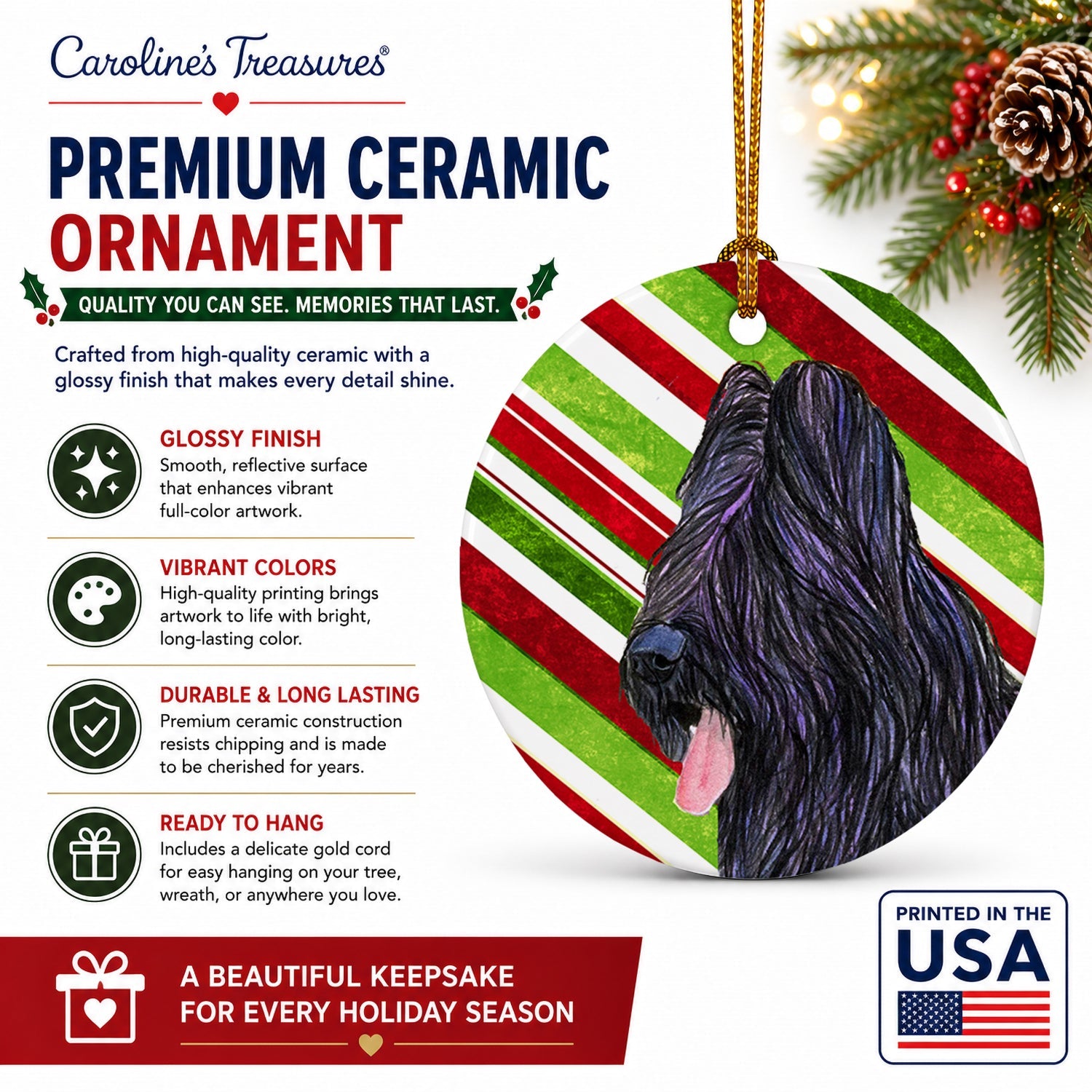 Briard Candy Cane Holiday Christmas Ceramic Ornament Christmas Tree Hanging Decorations for Home Christmas Holiday, Party, Gift, 3 in, Multicolor