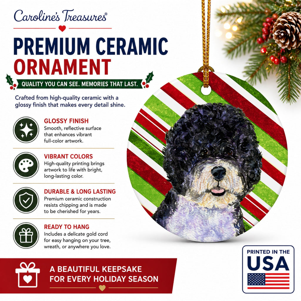Portuguese Water Dog Candy Cane Holiday Christmas Ceramic Ornament Christmas Tree Hanging Decorations for Home Christmas Holiday, Party, Gift, 3 in, Multicolor
