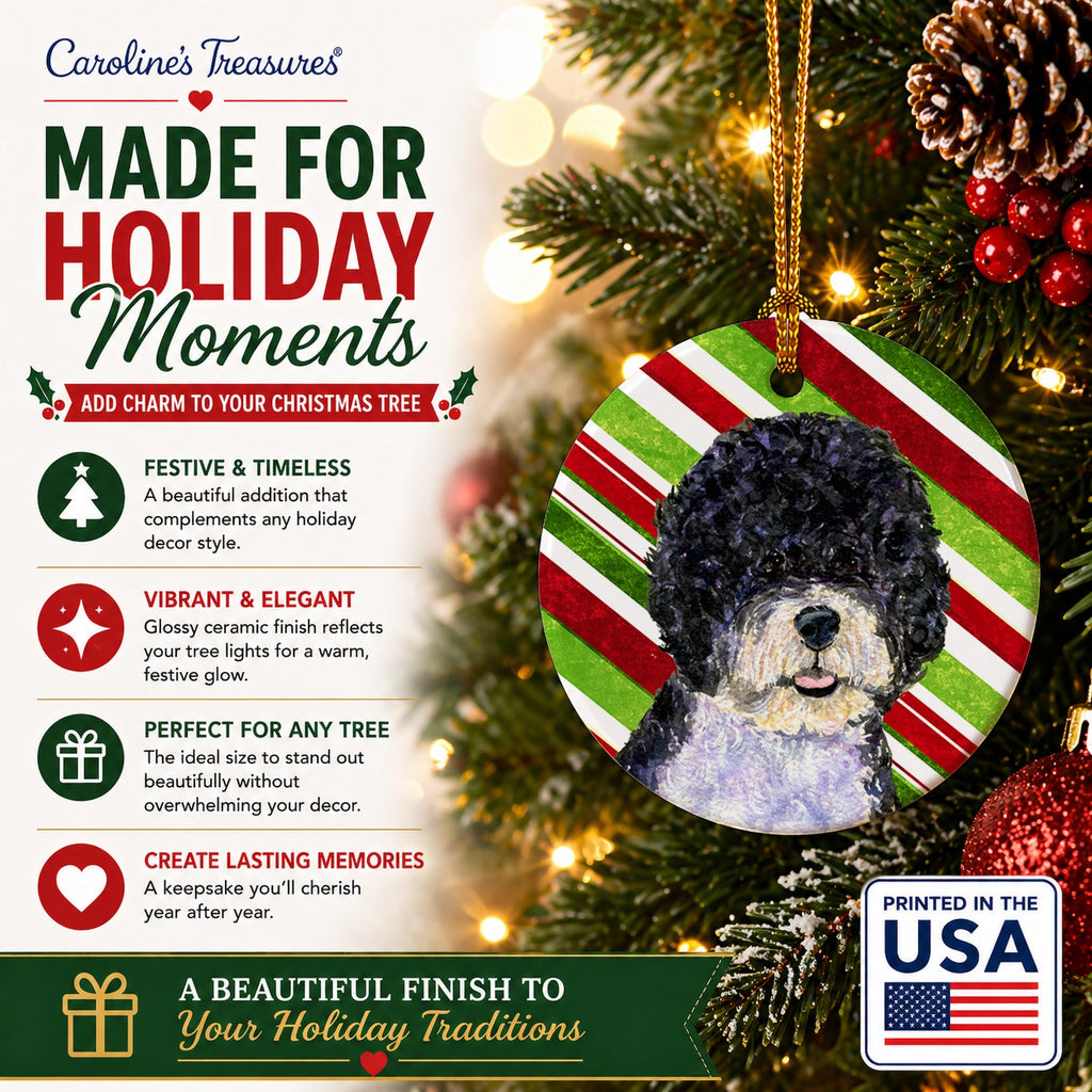 Portuguese Water Dog Candy Cane Holiday Christmas Ceramic Ornament Christmas Tree Hanging Decorations for Home Christmas Holiday, Party, Gift, 3 in, Multicolor