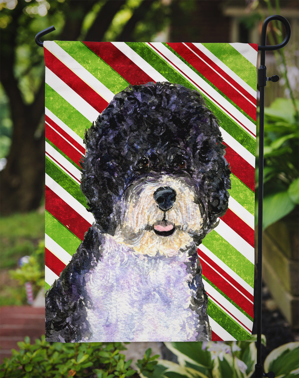 Portuguese Water Dog Candy Cane Holiday Christmas Garden Flag Mailbox Decorative Yard Banner Outside Patio Artwork for Flower Beds, Garden Size, Multicolor