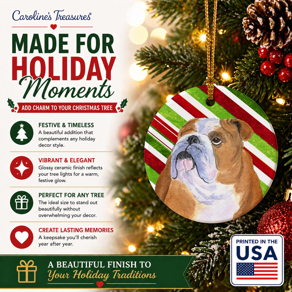 Bulldog English Candy Cane Holiday Christmas Ceramic Ornament Christmas Tree Hanging Decorations for Home Christmas Holiday, Party, Gift, 3 in, Multicolor