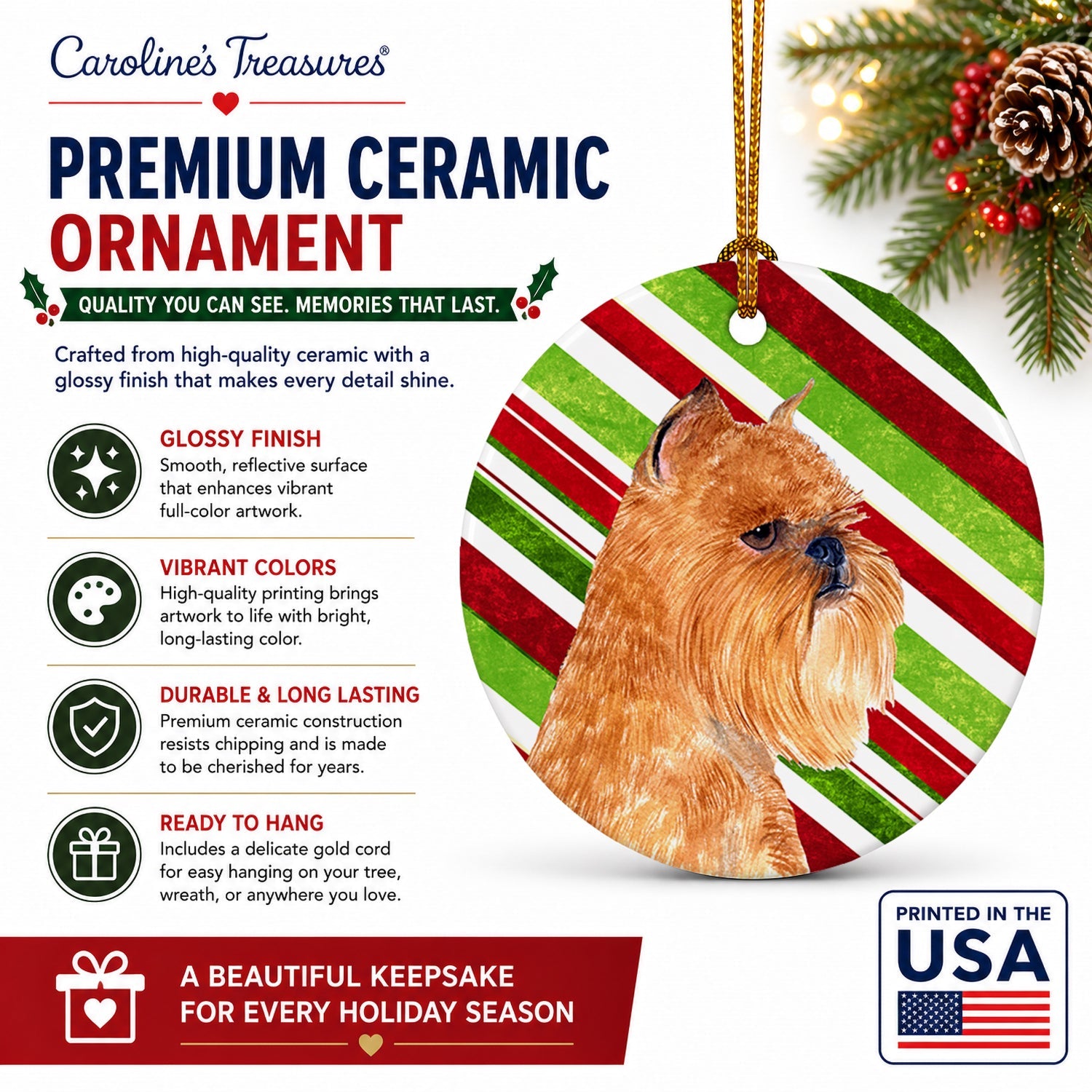 Brussels Griffon Candy Cane Holiday Christmas Ceramic Ornament Christmas Tree Hanging Decorations for Home Christmas Holiday, Party, Gift, 3 in, Multicolor