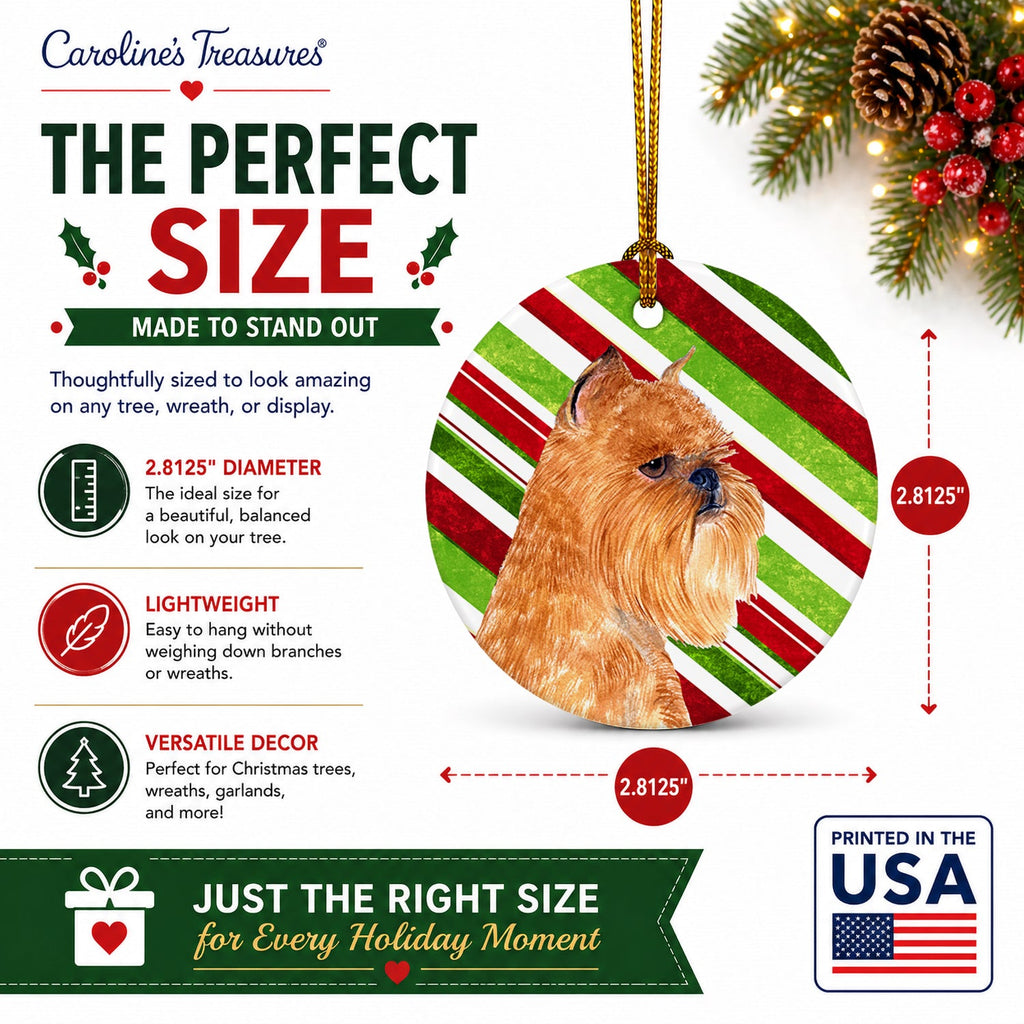 Brussels Griffon Candy Cane Holiday Christmas Ceramic Ornament Christmas Tree Hanging Decorations for Home Christmas Holiday, Party, Gift, 3 in, Multicolor