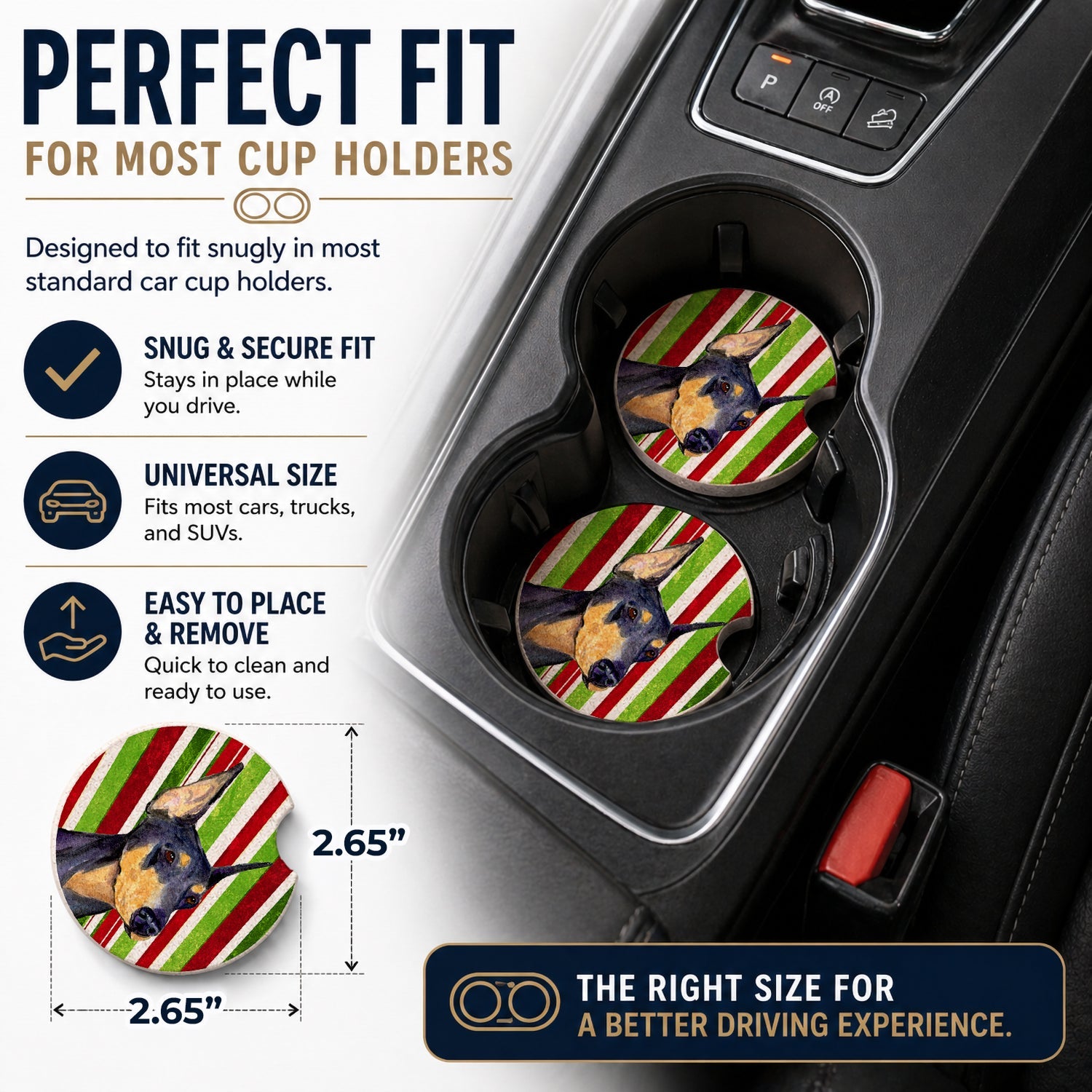 Doberman Candy Cane Holiday Christmas Set of 2 Cup Holder Car Coasters Absorbent Round Sandstone Coasters Gifts for Men or Women, 2.5, Multicolor