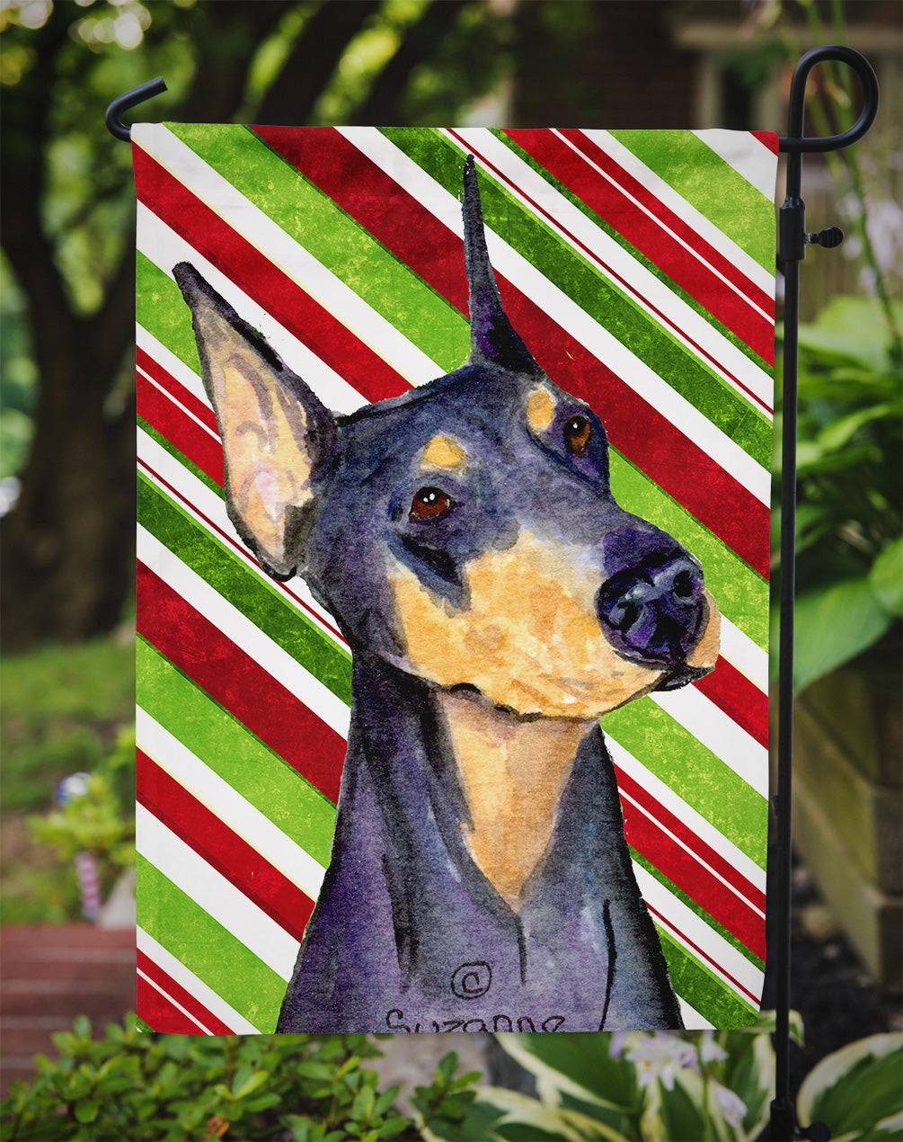 Doberman Candy Cane Holiday Christmas Garden Flag Mailbox Decorative Yard Banner Outside Patio Artwork for Flower Beds, Garden Size, Multicolor