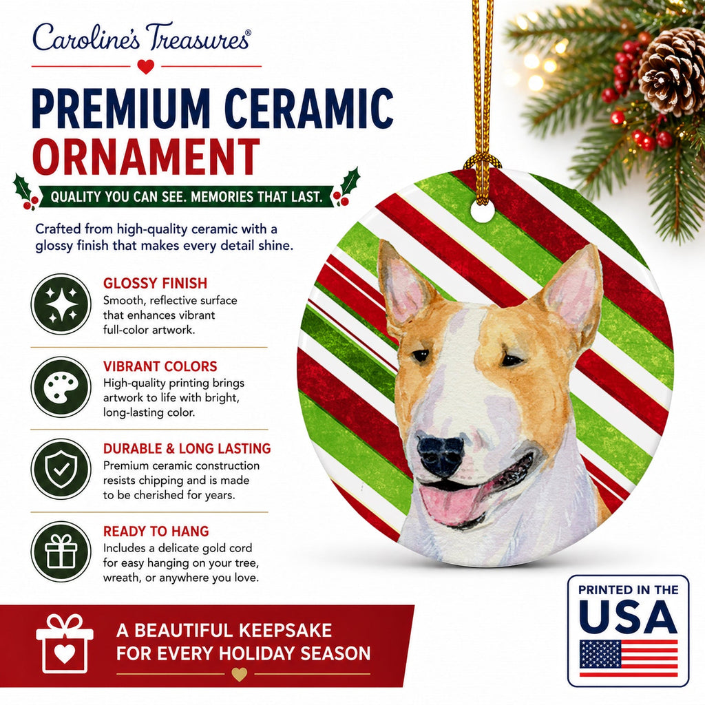 Bull Terrier Candy Cane Holiday Christmas Ceramic Ornament Christmas Tree Hanging Decorations for Home Christmas Holiday, Party, Gift, 3 in, Multicolor