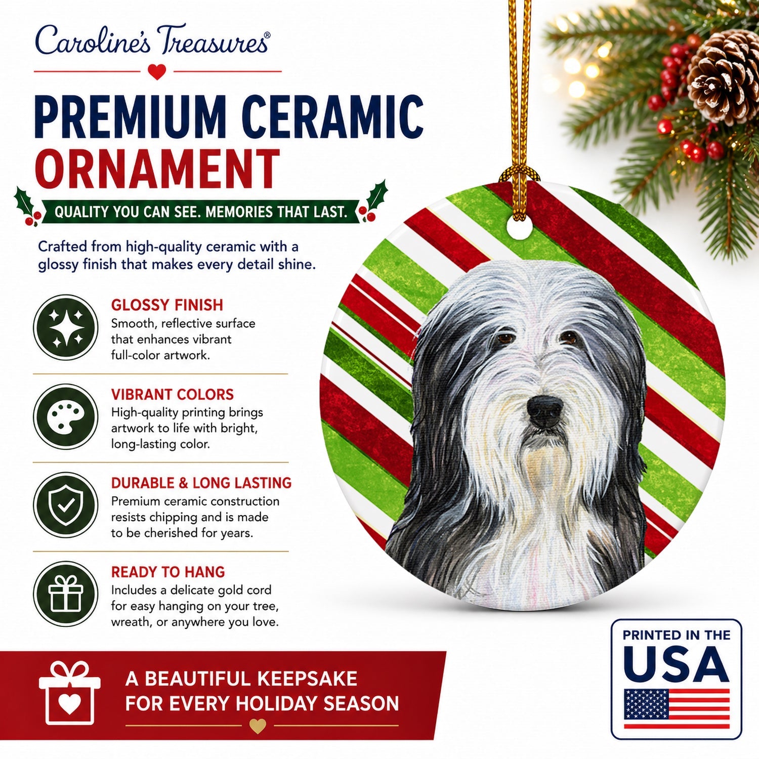 Bearded Collie Candy Cane Holiday Christmas Ceramic Ornament Christmas Tree Hanging Decorations for Home Christmas Holiday, Party, Gift, 3 in, Multicolor