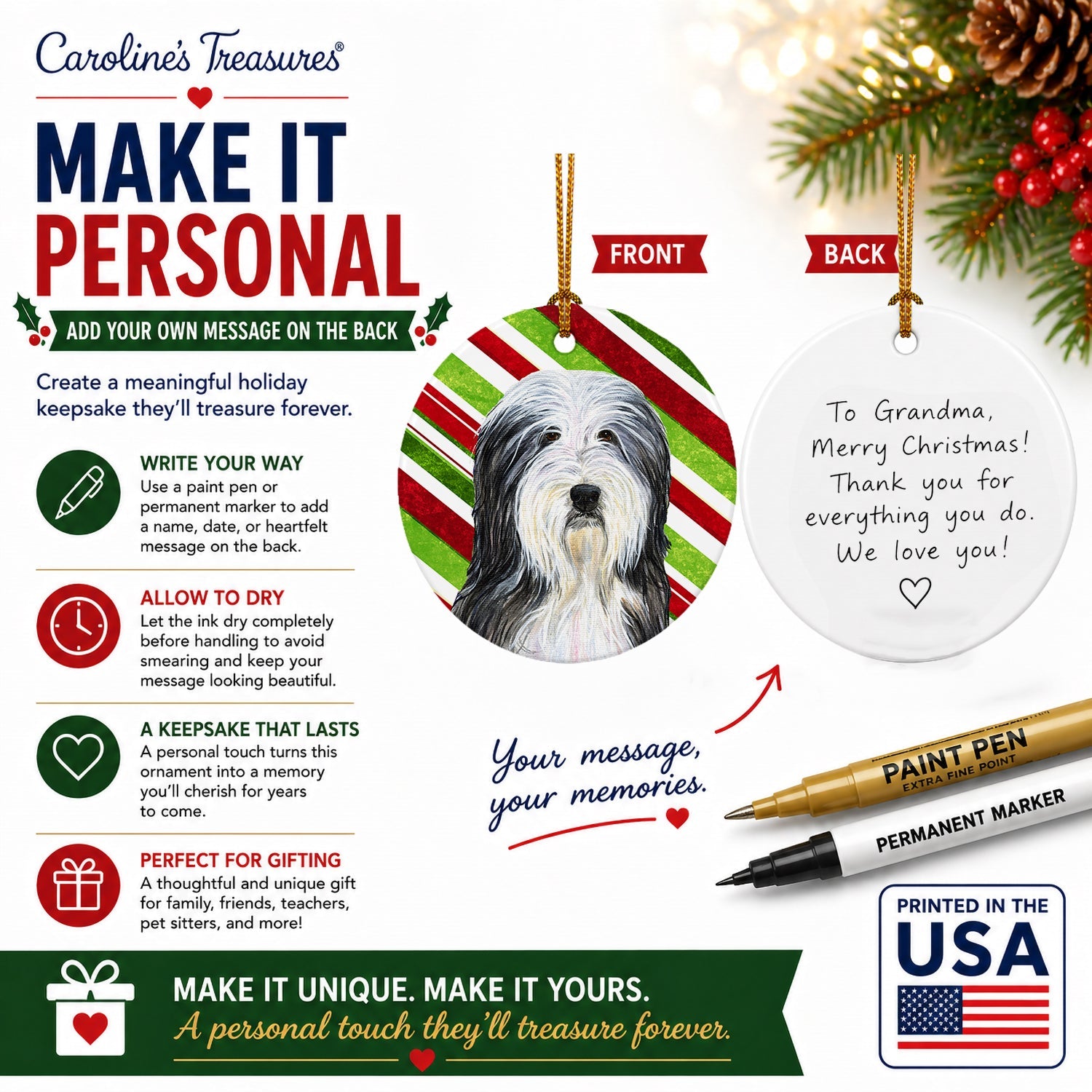 Bearded Collie Candy Cane Holiday Christmas Ceramic Ornament Christmas Tree Hanging Decorations for Home Christmas Holiday, Party, Gift, 3 in, Multicolor