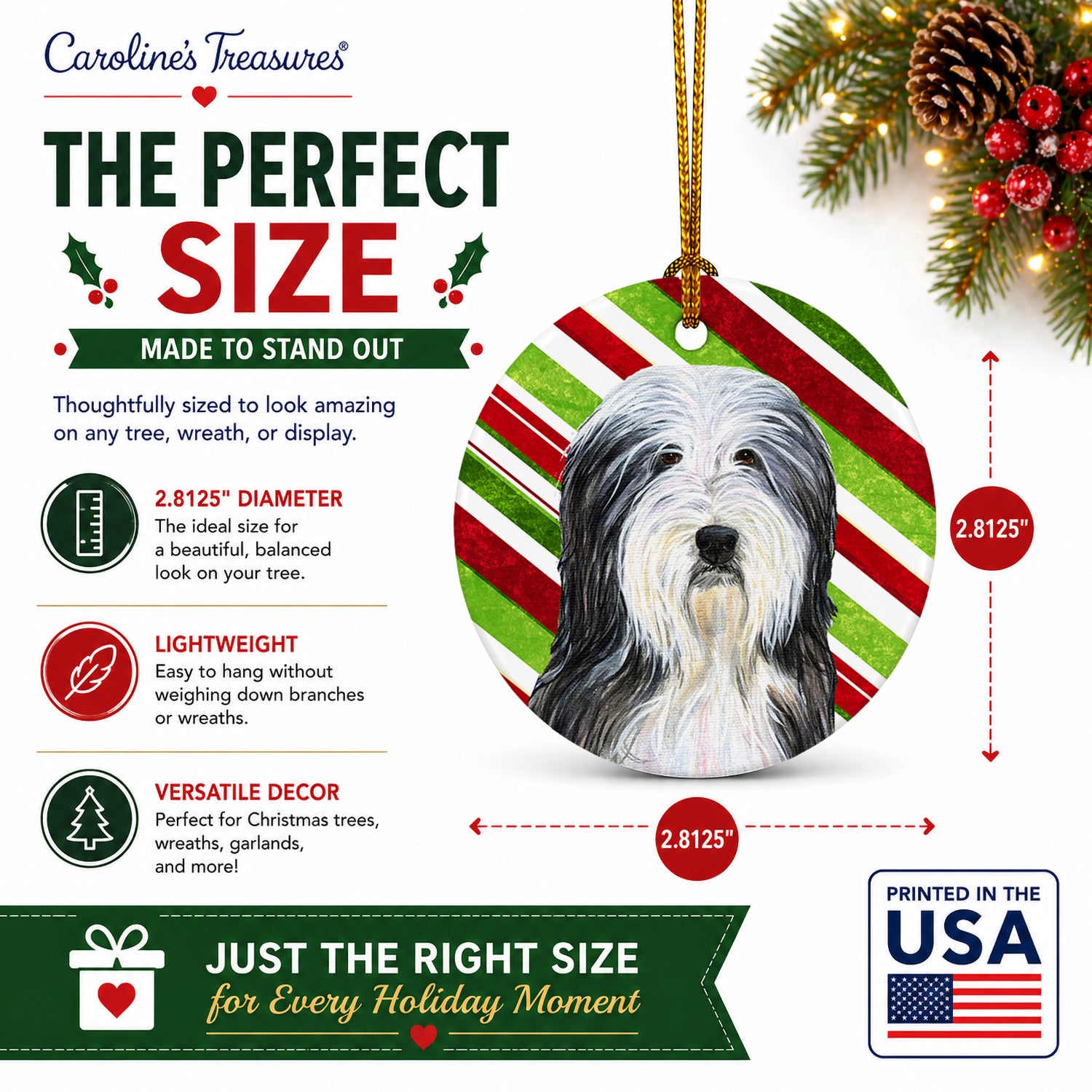 Bearded Collie Candy Cane Holiday Christmas Ceramic Ornament Christmas Tree Hanging Decorations for Home Christmas Holiday, Party, Gift, 3 in, Multicolor
