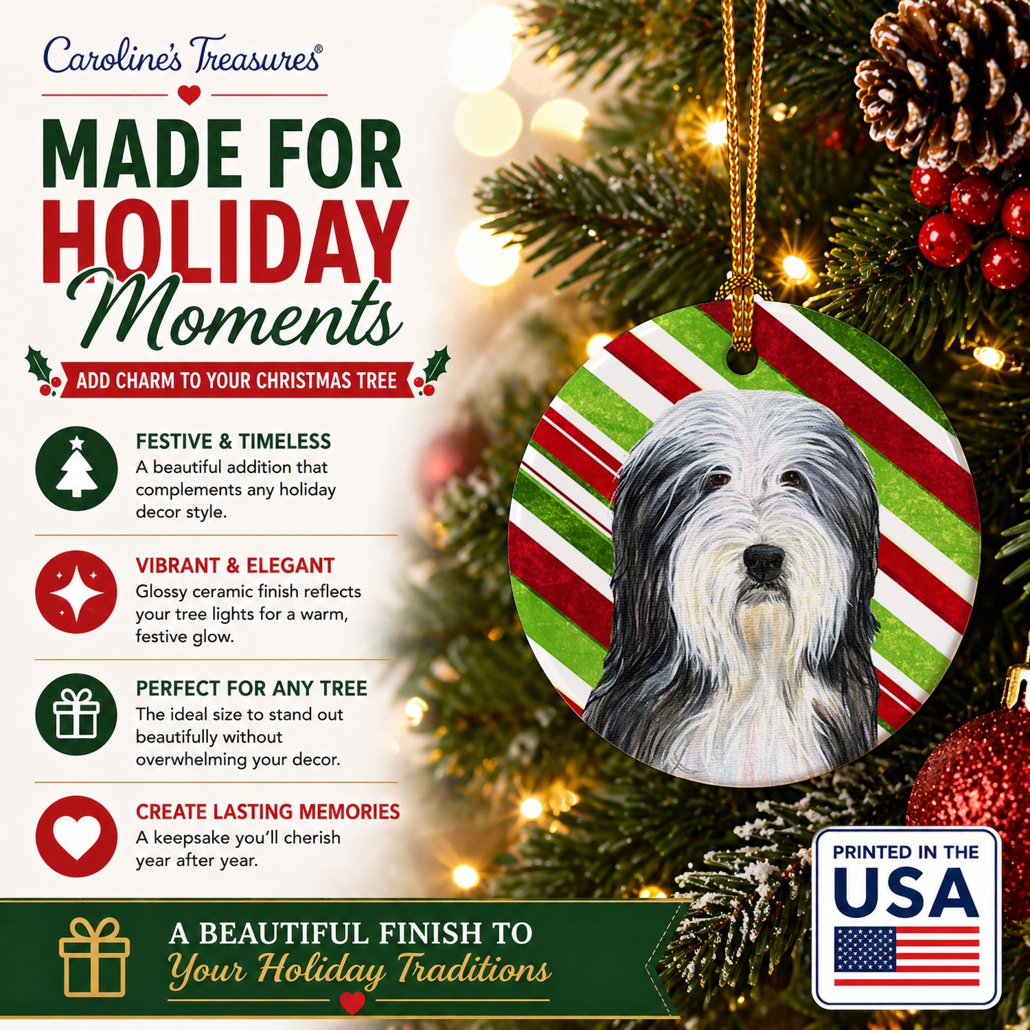 Bearded Collie Candy Cane Holiday Christmas Ceramic Ornament Christmas Tree Hanging Decorations for Home Christmas Holiday, Party, Gift, 3 in, Multicolor