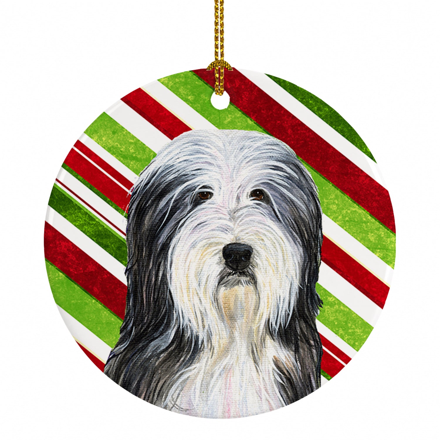 Bearded Collie Candy Cane Holiday Christmas Ceramic Ornament Christmas Tree Hanging Decorations for Home Christmas Holiday, Party, Gift, 3 in, Multicolor