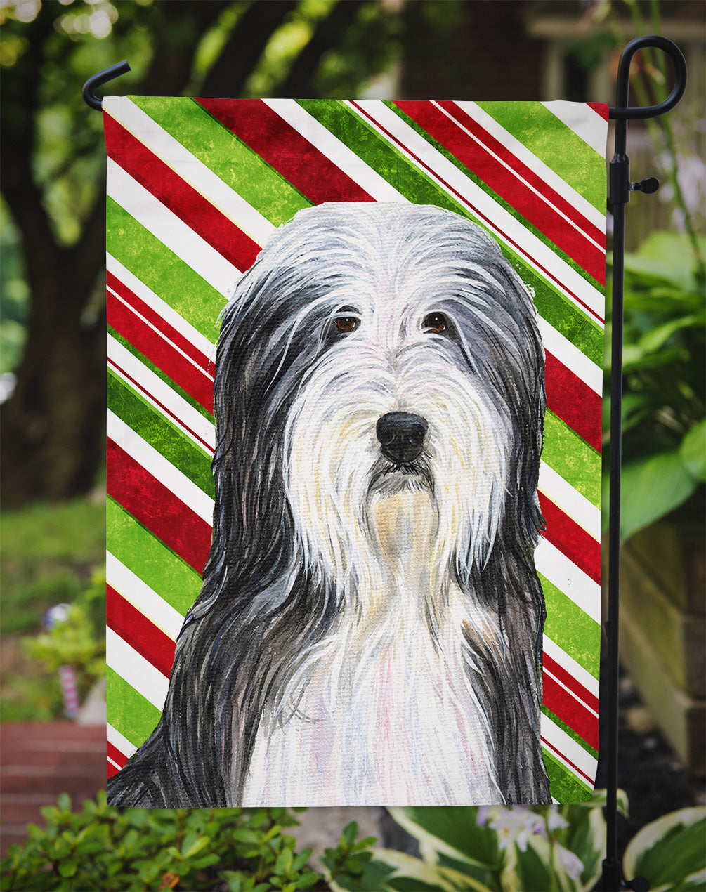 Bearded Collie Candy Cane Holiday Christmas Garden Flag Mailbox Decorative Yard Banner Outside Patio Artwork for Flower Beds, Garden Size, Multicolor