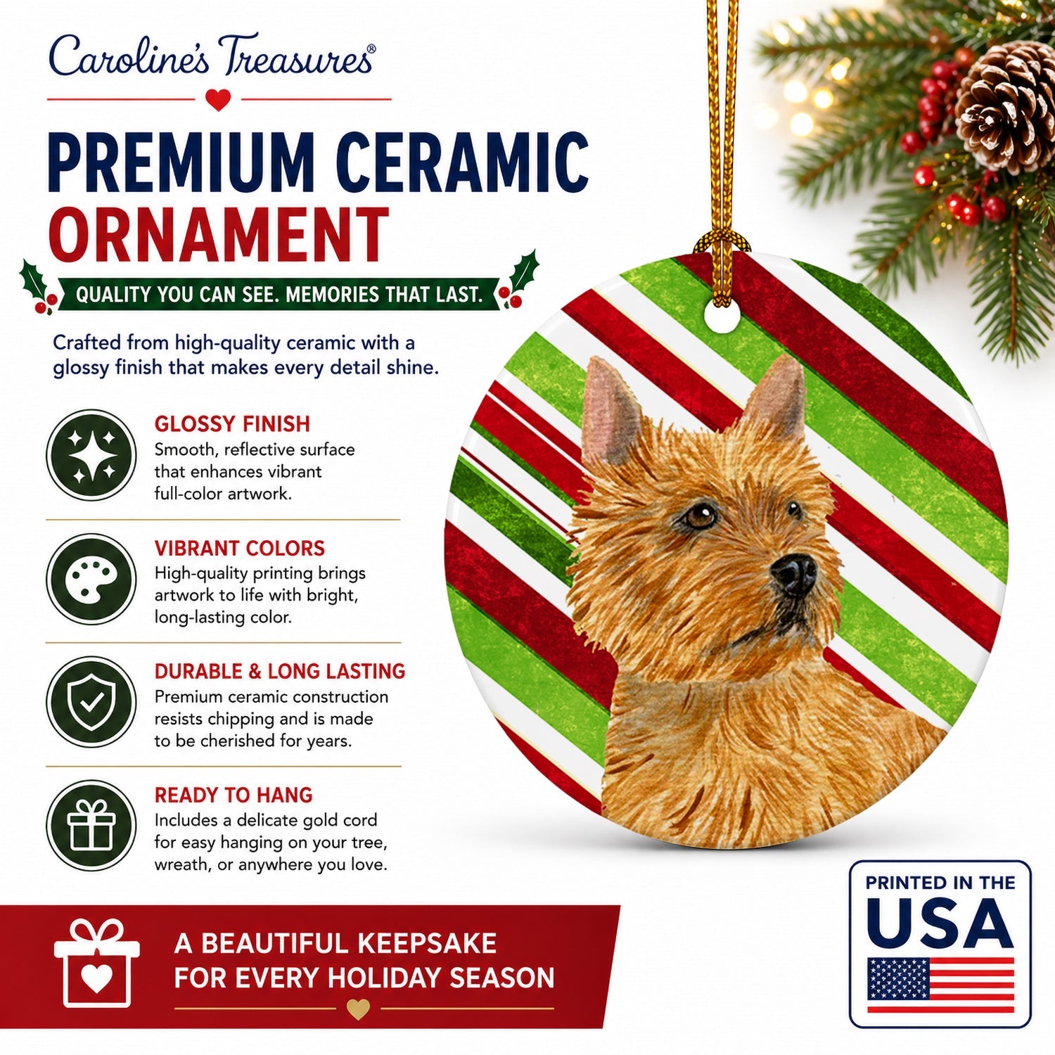Norwich Terrier Candy Cane Holiday Christmas Ceramic Ornament Christmas Tree Hanging Decorations for Home Christmas Holiday, Party, Gift, 3 in, Multicolor