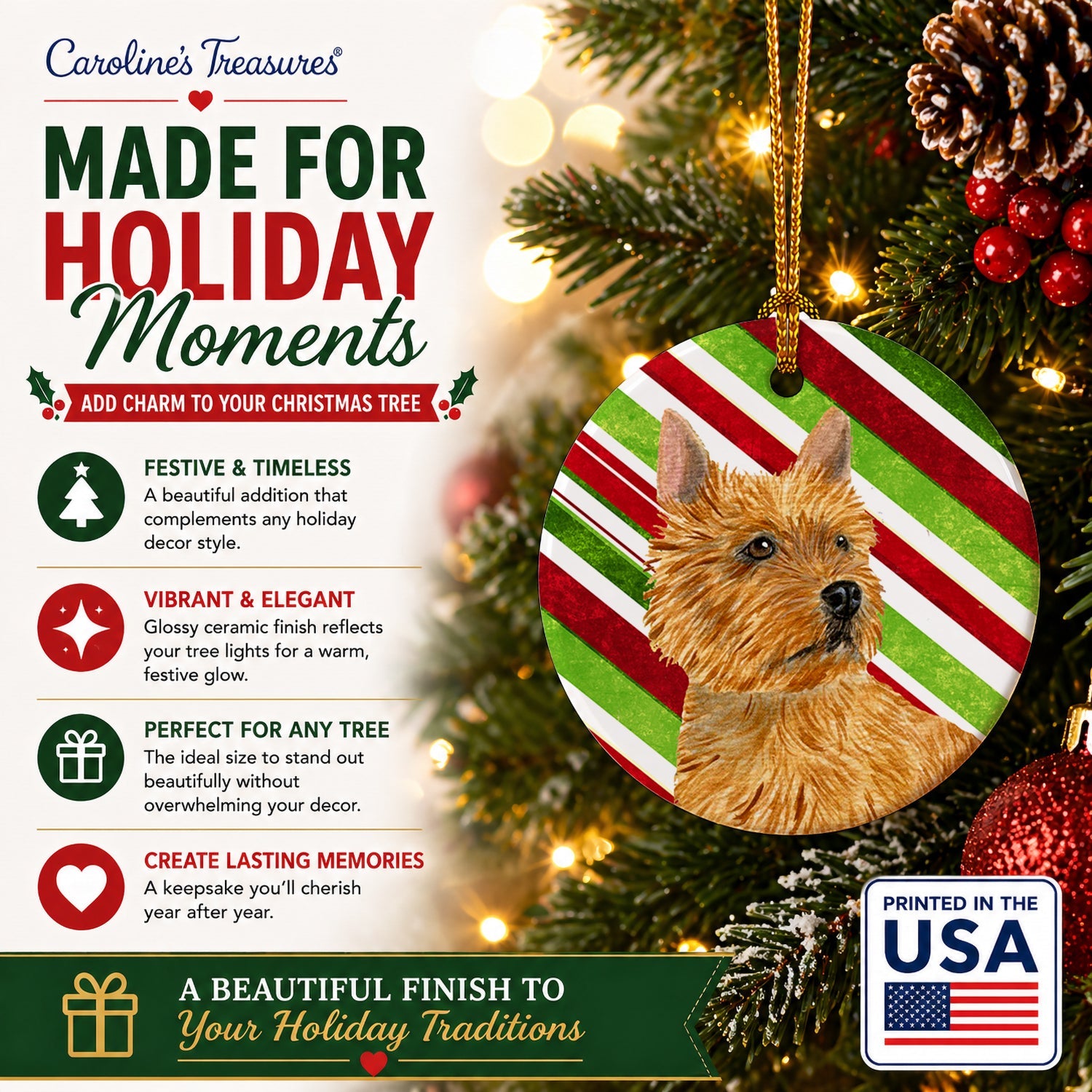 Norwich Terrier Candy Cane Holiday Christmas Ceramic Ornament Christmas Tree Hanging Decorations for Home Christmas Holiday, Party, Gift, 3 in, Multicolor